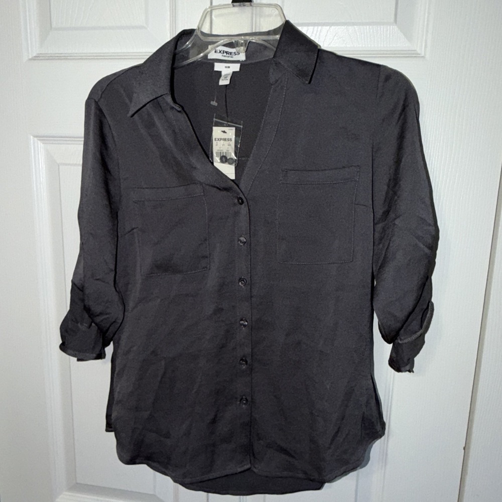 NWT Express Portofino Slim Shirt Womens X-Small Gray Blouse Top Roll Tab Sleeve - Picture 4 of 5